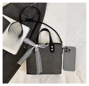 Size comparison showing woven crossbody bag with phone for capacity reference