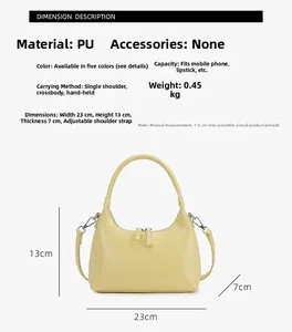 Detail specifications of yellow PU handbag with size 23x13x7cm and 0.45kg weight