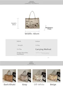 Detaillierte Größenangaben für eine große Segeltuchtasche mit Cartoon-Katzenillustrationen