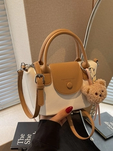 Vintage Litchi Grain PU Leather Mini Bucket Bag For Women Fashion Top Handle Crossbody Handbag With Plush Bear Pendant And Striped Satin Scarf