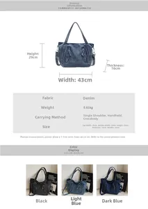 Detailed size chart for large denim tote bag showing measurements and carrying options