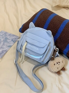 Borsa a tracolla azzurra con orecchie di gatto, tasca trasparente e ciondolo mostro
