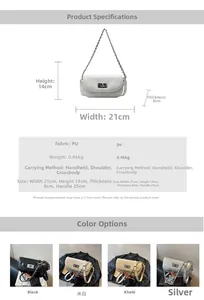 Detailed dimension chart and color options for the quilted chain shoulder bag