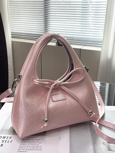 Women Vintage PU Leather Crescent Hobo Bag With Bow Knot Metal Beads Striped Lining Underarm Shoulder Bag Handbag Crossbody Bag