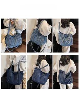 Collage of retro denim tote bags in light and dark blue showing various carrying styles