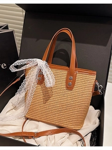 Women Woven Bucket Bag PU Leather Straw Handbag With Lace Bow Vacation Summer Beach Crossbody Shoulder Bag For Ladies