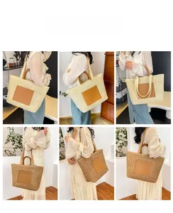 Model showcasing large capacity woven tote bags with leather patches in multiple views