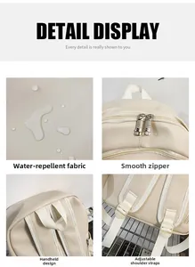 Detailed close-up of waterproof beige backpack with sturdy zippers and adjustable straps