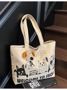 Women Large Capacity Canvas Tote Bag Cartoon Animal Print Shoulder Bag Casual Versatile Commute Handbag With Plush Charm