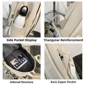 Detail view of large capacity backpack showing side pockets and reinforced strap stitching