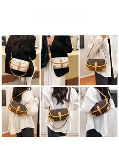 Detailed views of crossbody messenger bags with vintage monogram print and wide straps