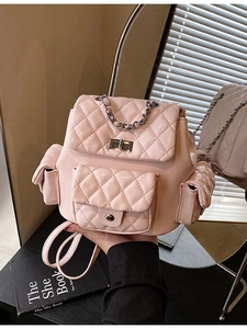 Light pink quilted mini backpack in glossy PU leather with silver chain decor for women