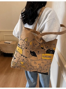 Large canvas tote bag with cartoon cat prints for women's daily commute and shopping