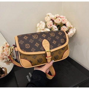 Detail of vintage monogram crossbody bag with golden hardware and leather trim accents