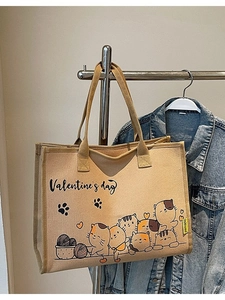 Cartoon Katze Leinwand Tote Tasche Große Kapazität Valentinstag Thema Schultertasche Für Damen Casual Pendler Handtasche