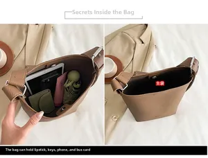 Detail view of large brown bucket bag interior showing high storage capacity and lining