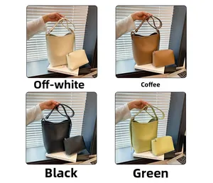Litchi pattern bucket bag set in beige, brown, black and green colors with strap