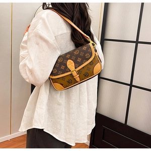 Detail of vintage monogram shoulder bag with brown leather trim and golden buckle closure