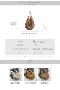 Detailed size specifications for handmade crochet tote bag with colorful flower patterns