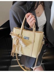 Women Woven PU Leather Tote Bag With Lace Bow Pendant Fashion Commuter Crossbody Shoulder Bag Handbag For Daily Work
