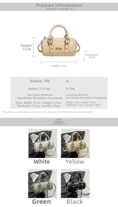 Detail specifications of PU cylinder Boston bag with dimensions 21x11x11cm and weight 0.31kg