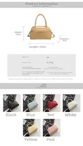 Detailed spec sheet showing a versatile PU leather boston bag in six vibrant colors