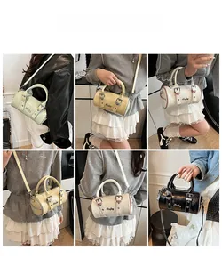 Detailed views of various barrel bags in pastel colors showing chic crossbody styling