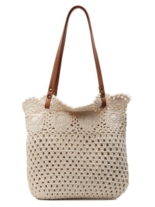 Grande borsa tote all'uncinetto color crema con manici marroni per vacanze estive