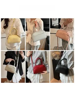 Collage of leather handbags in six colors showing versatile styling with adjustable straps