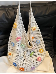 Handmade Crochet Knit Shoulder Bag For Women Large Capacity Floral Hollow Out Hobo Tote Bag For Beach Travel Daily Bag