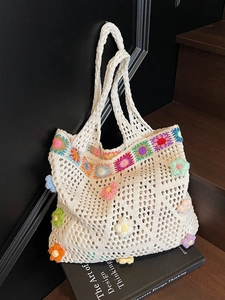 Borsa Tote in Maglia da Donna Fatta a Mano Uncinetto Fiori 3D Grande Capacità Traforata Bohémien Casual Borsa a Spalla Versatile