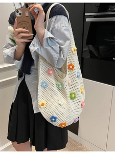Handmade woven tote bag with 3D colorful flower crochet design for casual beach style
