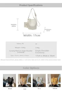 Detailed size specifications and pebble texture of the bucket bag with small pouch