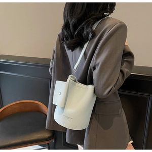 Model wearing a light blue bucket bag with a detachable coin purse and fashion text