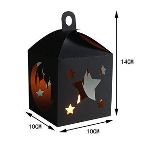 Detail of black laser-cut star and moon paper lantern showing 10x10x14cm dimensions
