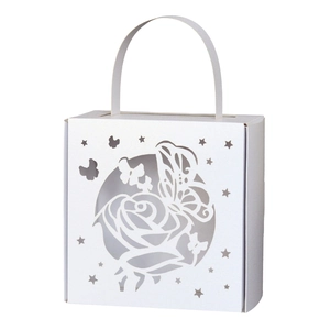 Elegant white laser-cut butterfly and rose gift box with curved handle for weddings