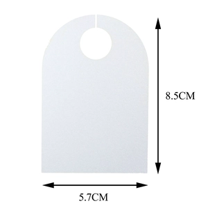 Detail showing dimensions 8.5x5.7cm of white translucent blank tags with hanging hole