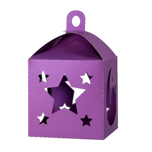 Purple laser-cut paper star lantern box with moon motifs and top handle for Eid
