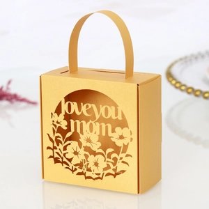 Golden Mother's Day hollow gift box with Love You Mom cutout and floral pattern