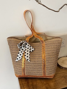 Women Summer Straw Tote Bag Woven Shoulder Bag With Sequin Trim And Polka Dot Ribbon Bow Large Capacity Vacation Beach Handbag
