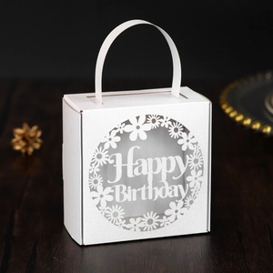 Laser-cut white paper gift box featuring Happy Birthday text and floral hollow pattern