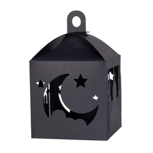 Black laser-cut Ramadan paper lantern box with crescent moon and star mosque patterns