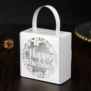 Detailed laser-cut Happy Birthday hollow candy box with pearl paper finish and handle