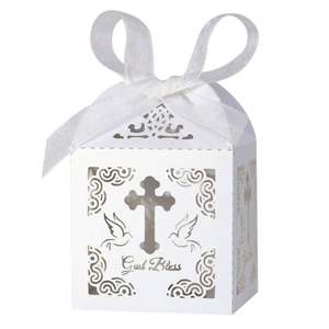 Laser Cut God Bless Cross Dove Candy Favor Box With Ribbon For Wedding Baptism Christening Religious Party Gift Packaging