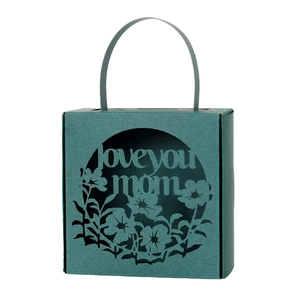 Detail of dark green Mother's Day gift box with Love You Mom laser-cut window design