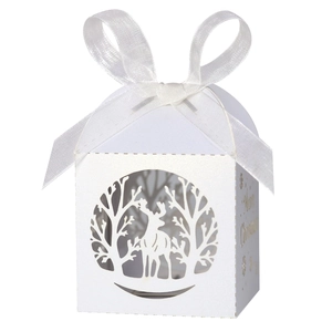 Détail de boîte cadeau de Noël blanche découpée au laser avec ruban et texte doré