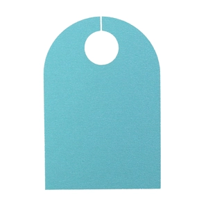 Close-up of light blue plastic place card with round hole for wedding and party wine glass