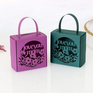 Detailed laser-cut 'Love You Mom' gift boxes in purple and green with floral patterns