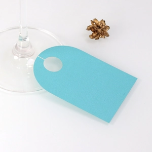 Sky blue rectangle wine glass name cards on stem with golden dried flower decor