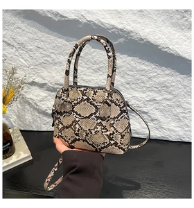 Detailed view of snakeskin pattern shell handbag with top handles and silver hardware